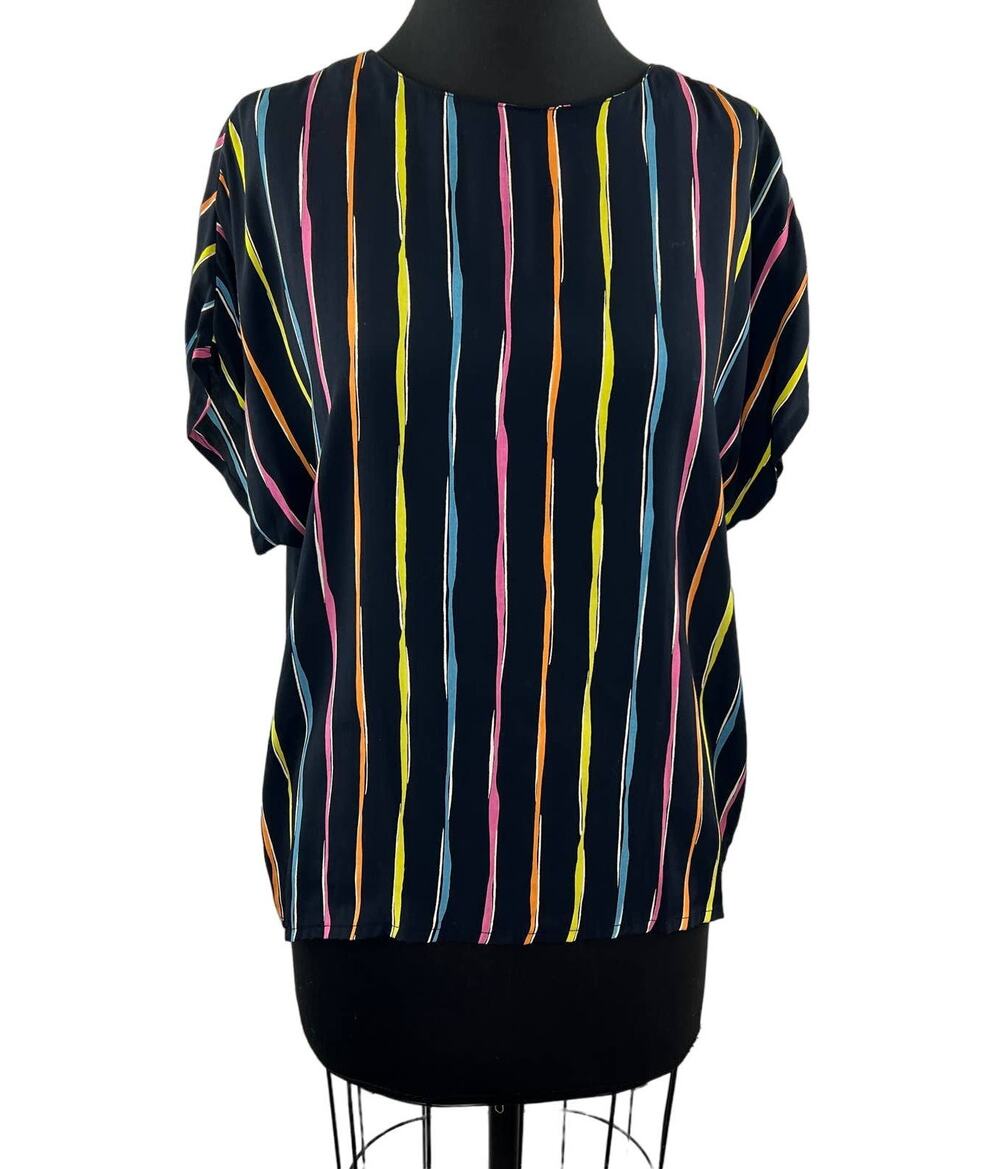 Vintage GIANNI SPORT Black Striped Short Sleeve Round Neck Pullover Blouse Top 8